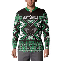 Personalised Taniko Motifs Aotearoa Button Sweatshirt Waitangi Kowhaiwhai Kiwi - Green LT7 - Polynesian Pride