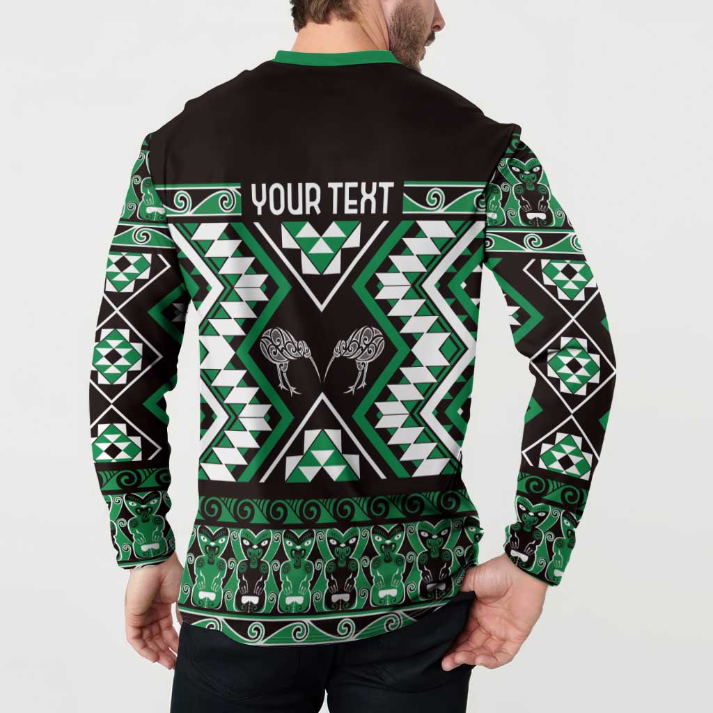 Personalised Taniko Motifs Aotearoa Button Sweatshirt Waitangi Kowhaiwhai Kiwi - Green LT7 - Polynesian Pride