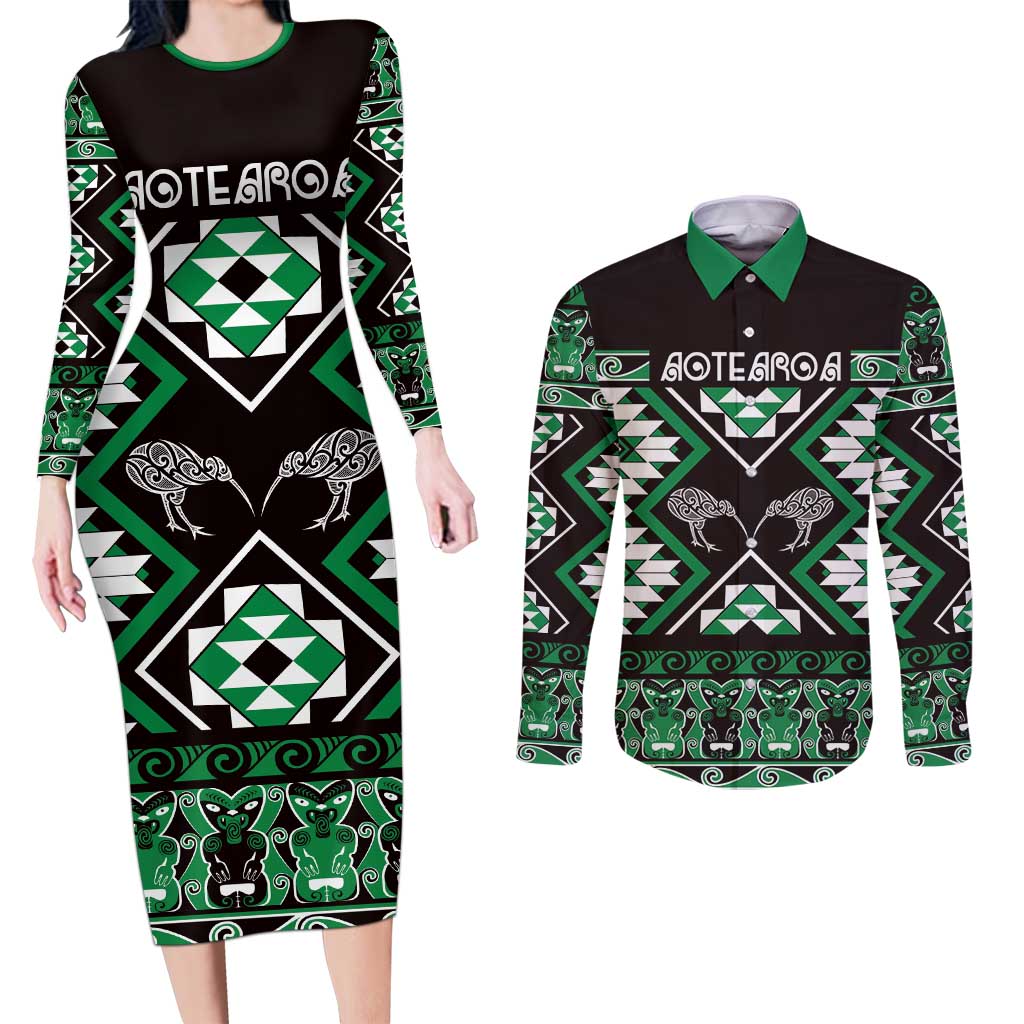 Personalised Taniko Motifs Aotearoa Couples Matching Long Sleeve Bodycon Dress and Long Sleeve Button Shirt Waitangi Kowhaiwhai Kiwi - Green