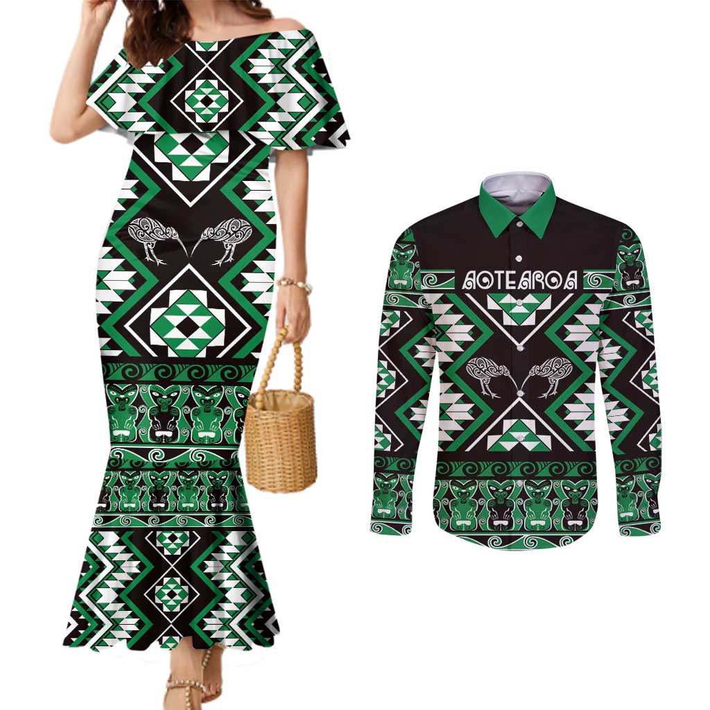 Personalised Taniko Motifs Aotearoa Couples Matching Mermaid Dress and Long Sleeve Button Shirt Waitangi Kowhaiwhai Kiwi - Green