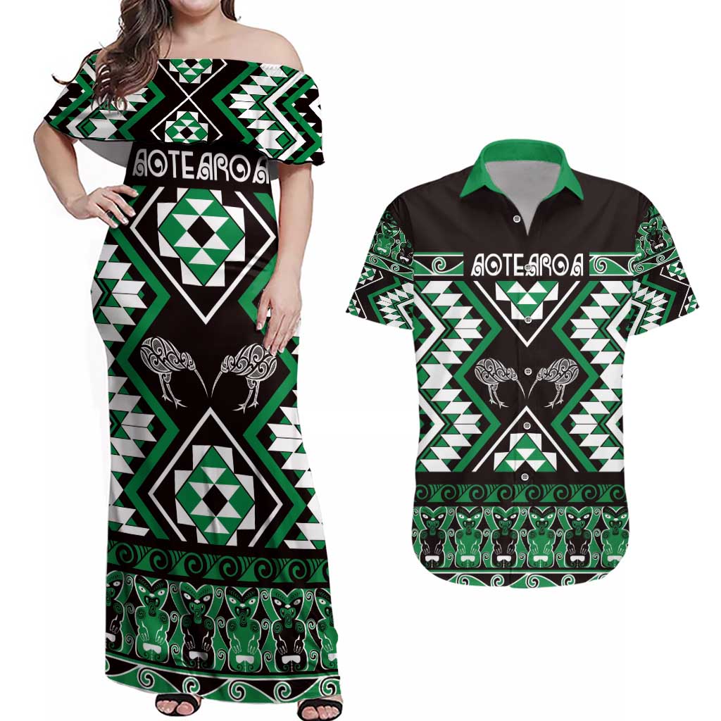 Personalised Taniko Motifs Aotearoa Couples Matching Off Shoulder Maxi Dress and Hawaiian Shirt Waitangi Kowhaiwhai Kiwi - Green