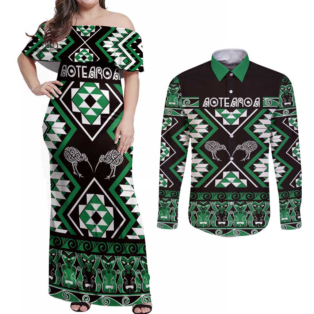 Personalised Taniko Motifs Aotearoa Couples Matching Off Shoulder Maxi Dress and Long Sleeve Button Shirt Waitangi Kowhaiwhai Kiwi - Green