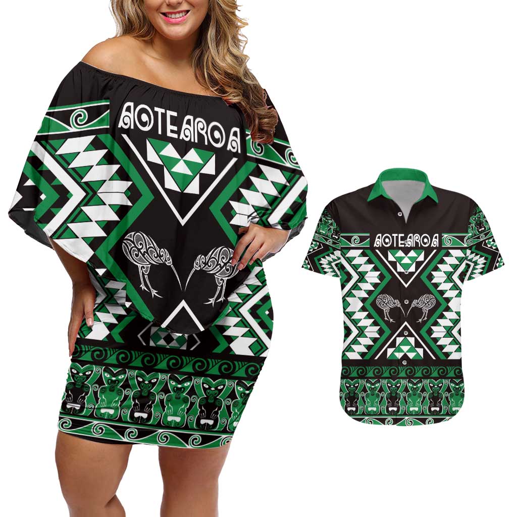 Personalised Taniko Motifs Aotearoa Couples Matching Off Shoulder Short Dress and Hawaiian Shirt Waitangi Kowhaiwhai Kiwi - Green LT7 Green - Polynesian Pride