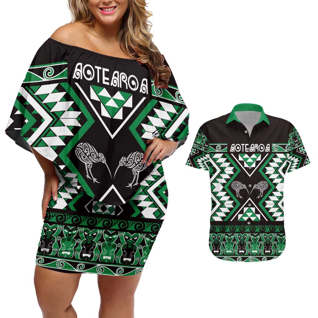 Personalised Taniko Motifs Aotearoa Couples Matching Off Shoulder Short Dress and Hawaiian Shirt Waitangi Kowhaiwhai Kiwi - Green