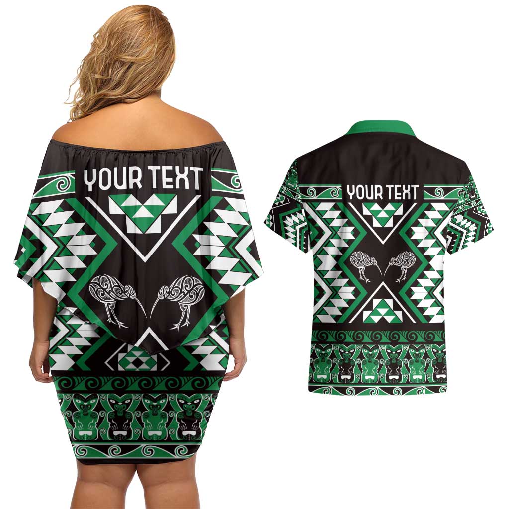 Personalised Taniko Motifs Aotearoa Couples Matching Off Shoulder Short Dress and Hawaiian Shirt Waitangi Kowhaiwhai Kiwi - Green LT7 - Polynesian Pride