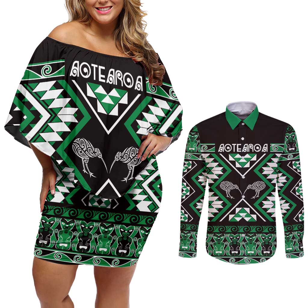 Personalised Taniko Motifs Aotearoa Couples Matching Off Shoulder Short Dress and Long Sleeve Button Shirt Waitangi Kowhaiwhai Kiwi - Green