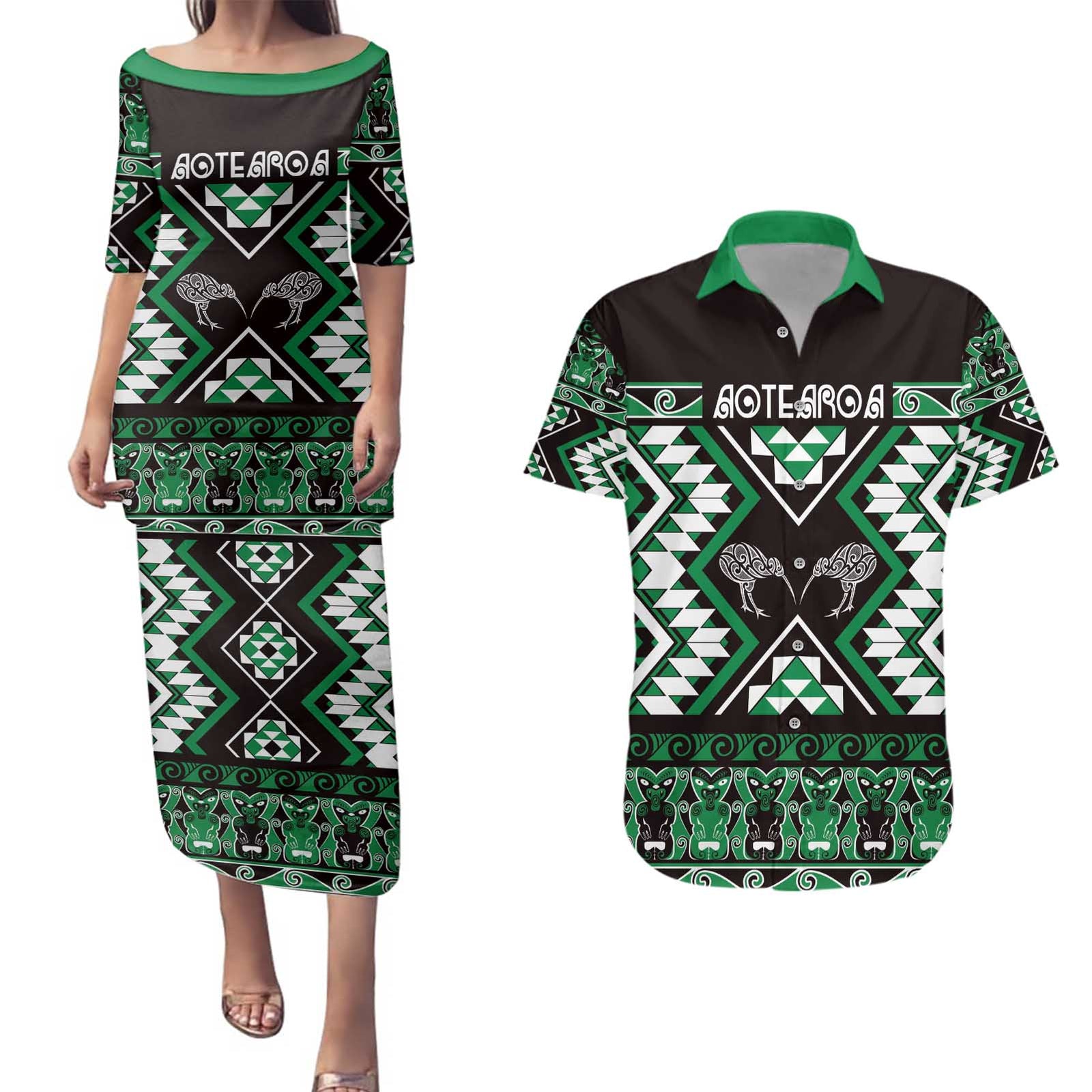 Personalised Taniko Motifs Aotearoa Couples Matching Puletasi and Hawaiian Shirt Waitangi Kowhaiwhai Kiwi - Green LT7 Green - Polynesian Pride