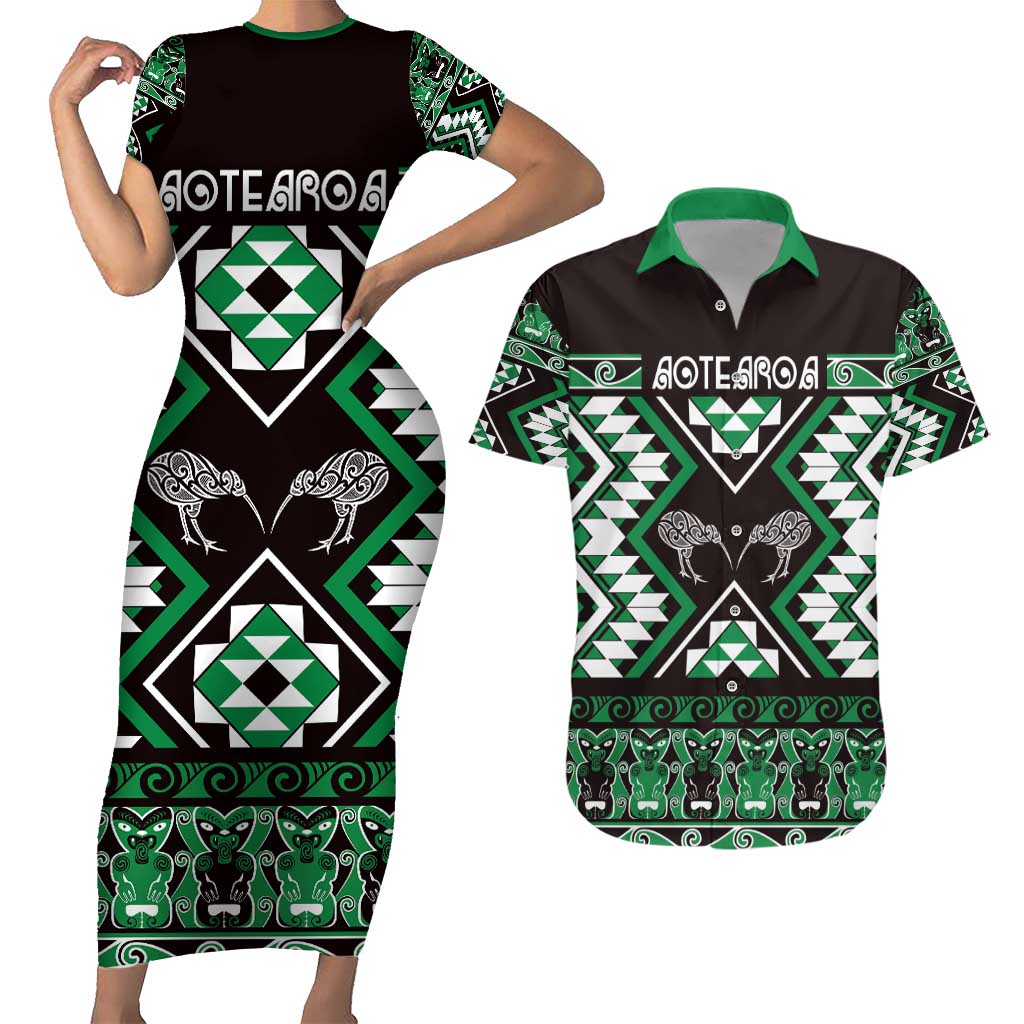 Personalised Taniko Motifs Aotearoa Couples Matching Short Sleeve Bodycon Dress and Hawaiian Shirt Waitangi Kowhaiwhai Kiwi - Green