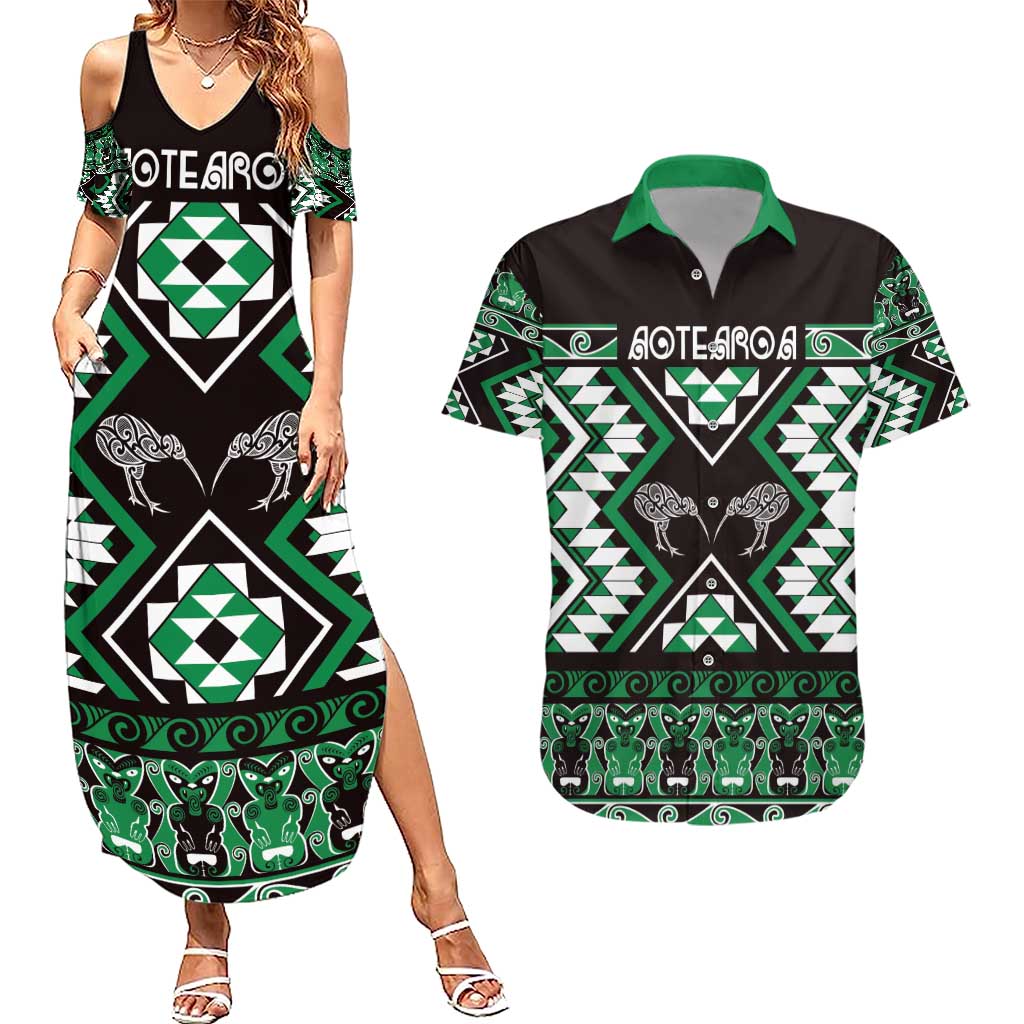 Personalised Taniko Motifs Aotearoa Couples Matching Summer Maxi Dress and Hawaiian Shirt Waitangi Kowhaiwhai Kiwi - Green