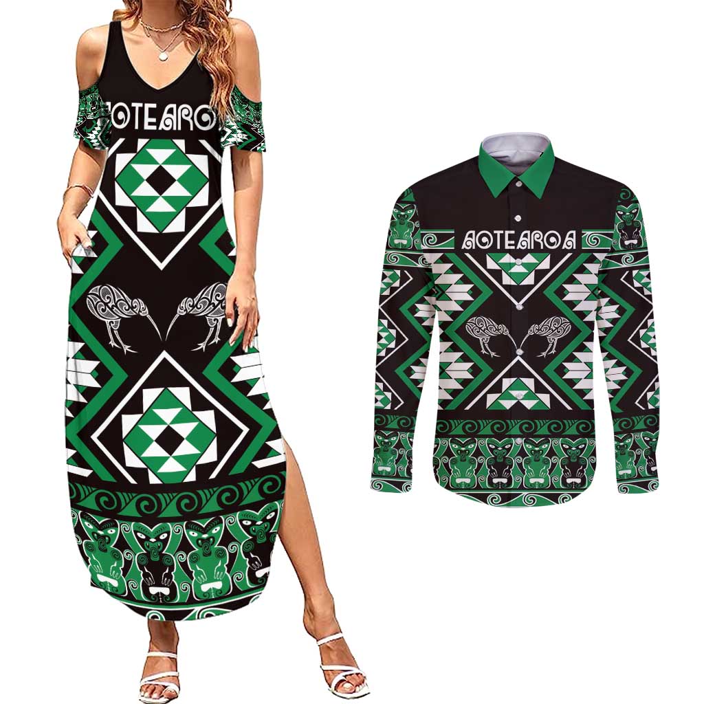 Personalised Taniko Motifs Aotearoa Couples Matching Summer Maxi Dress and Long Sleeve Button Shirt Waitangi Kowhaiwhai Kiwi - Green