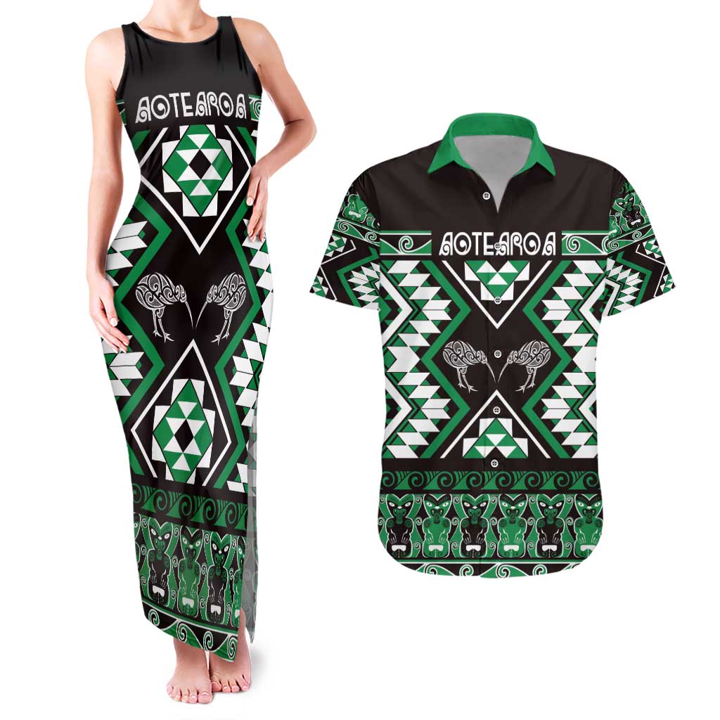 Personalised Taniko Motifs Aotearoa Couples Matching Tank Maxi Dress and Hawaiian Shirt Waitangi Kowhaiwhai Kiwi - Green