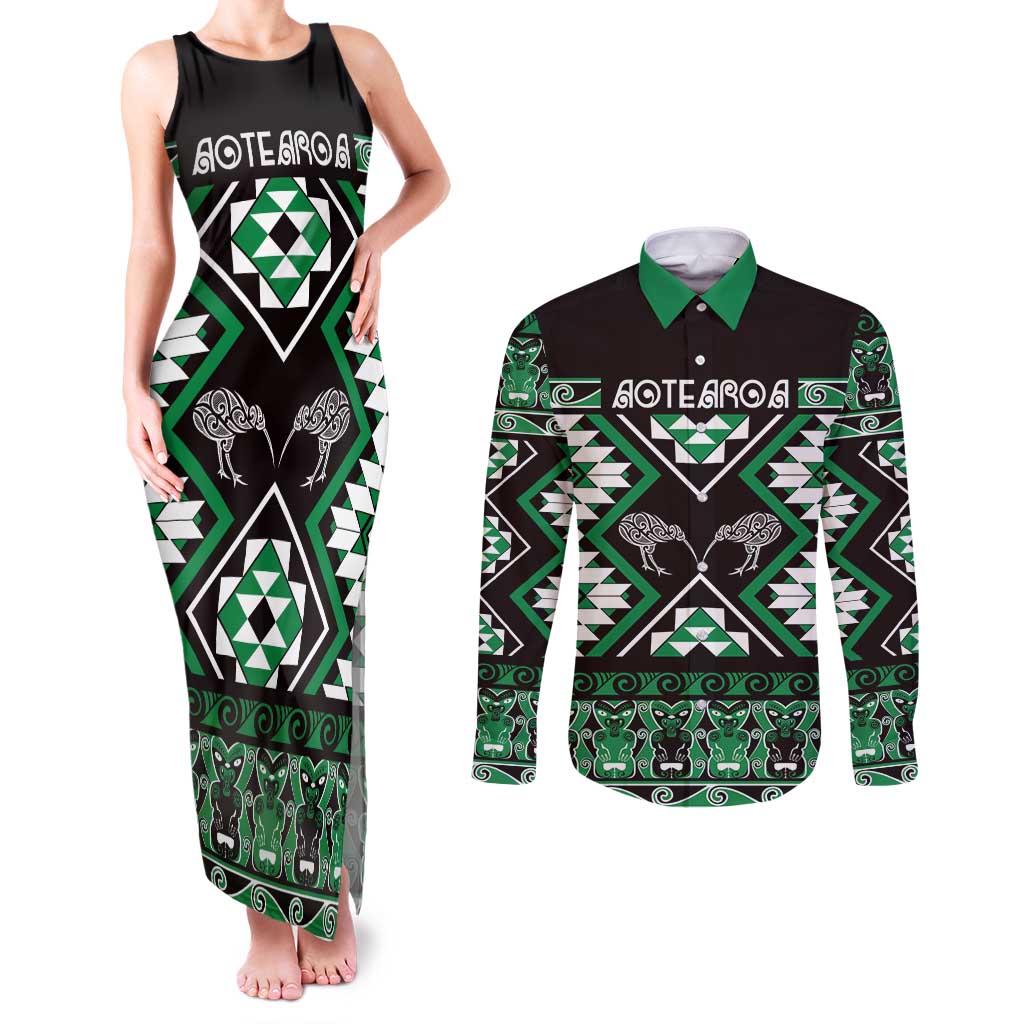 Personalised Taniko Motifs Aotearoa Couples Matching Tank Maxi Dress and Long Sleeve Button Shirt Waitangi Kowhaiwhai Kiwi - Green LT7 Green - Polynesian Pride