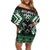 Personalised Taniko Motifs Aotearoa Family Matching Off Shoulder Short Dress and Hawaiian Shirt Waitangi Kowhaiwhai Kiwi - Green