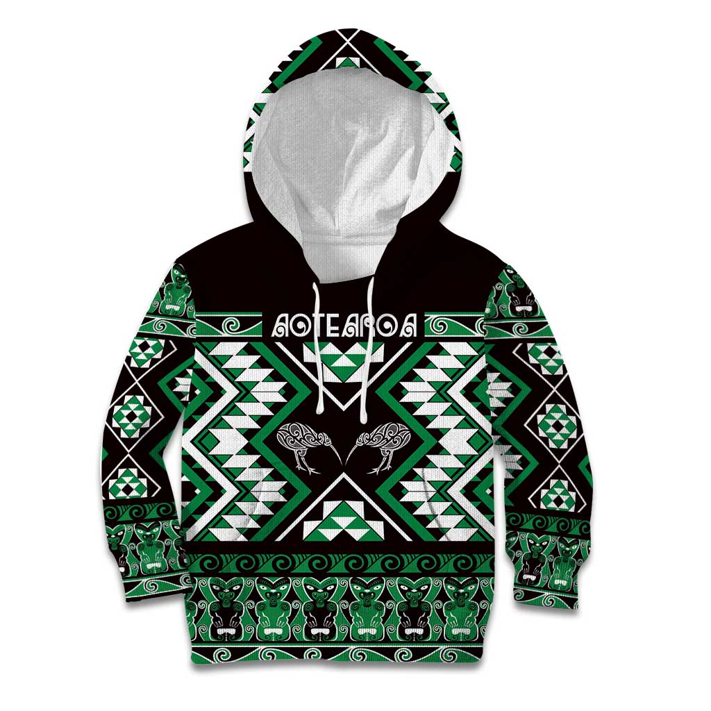 Personalised Taniko Motifs Aotearoa Kid Hoodie Waitangi Kowhaiwhai Kiwi - Green