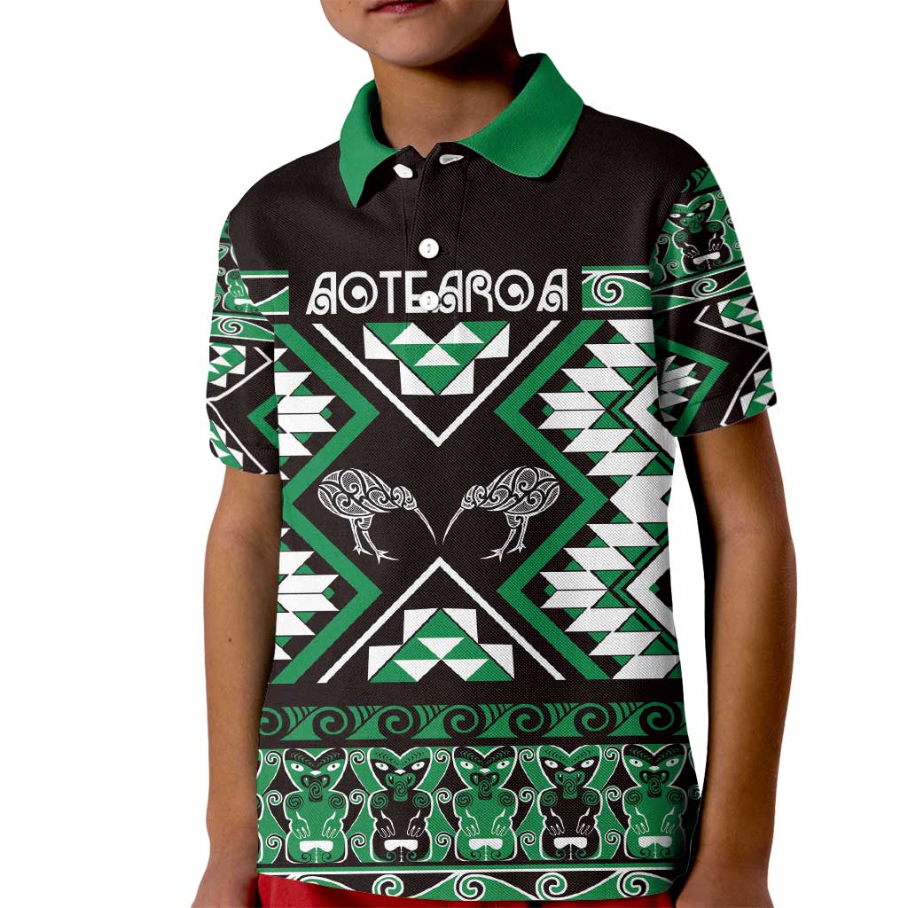 Personalised Taniko Motifs Aotearoa Kid Polo Shirt Waitangi Kowhaiwhai Kiwi - Green