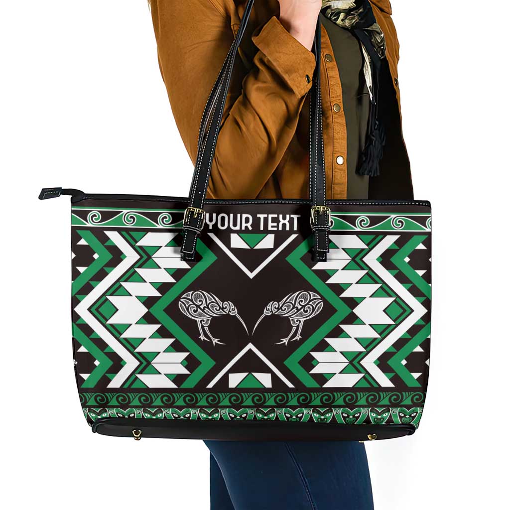 Personalised Taniko Motifs Aotearoa Leather Tote Bag Waitangi Kowhaiwhai Kiwi - Green LT7 - Polynesian Pride