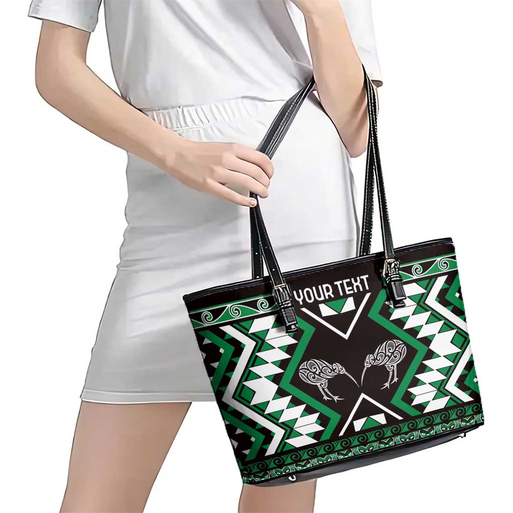 Personalised Taniko Motifs Aotearoa Leather Tote Bag Waitangi Kowhaiwhai Kiwi - Green LT7 - Polynesian Pride