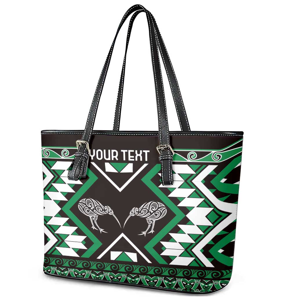 Personalised Taniko Motifs Aotearoa Leather Tote Bag Waitangi Kowhaiwhai Kiwi - Green LT7 - Polynesian Pride