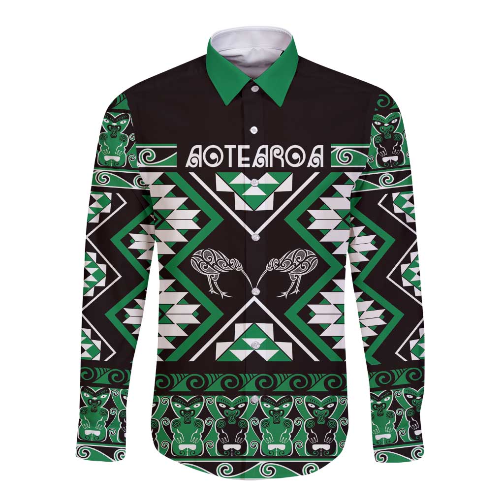 Personalised Taniko Motifs Aotearoa Long Sleeve Button Shirt Waitangi Kowhaiwhai Kiwi - Green