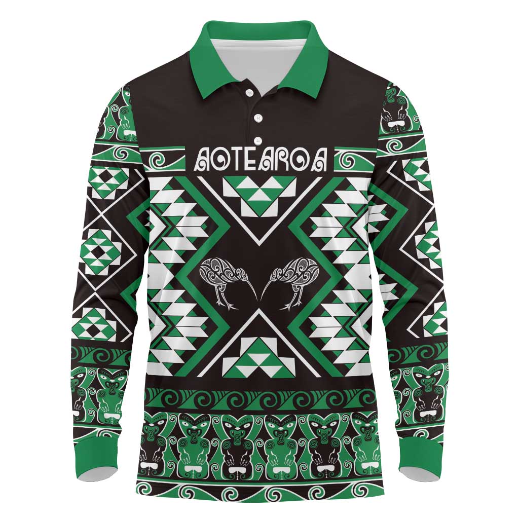 Personalised Taniko Motifs Aotearoa Long Sleeve Polo Shirt Waitangi Kowhaiwhai Kiwi - Green