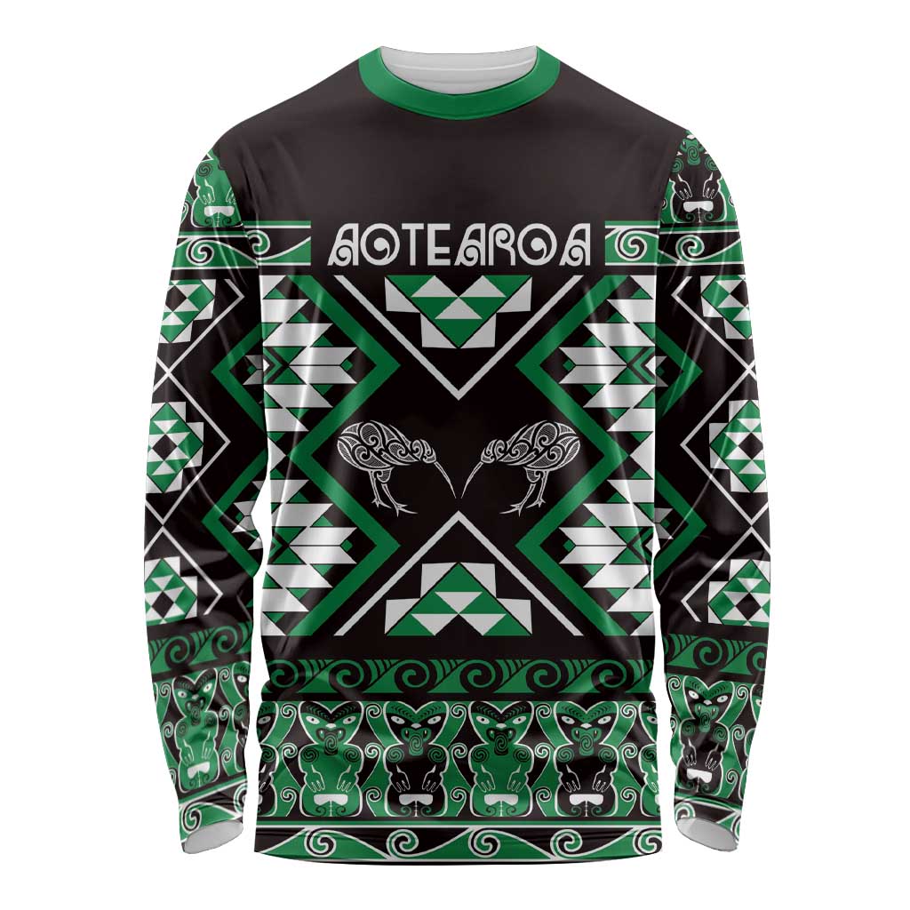 Personalised Taniko Motifs Aotearoa Long Sleeve Shirt Waitangi Kowhaiwhai Kiwi - Green