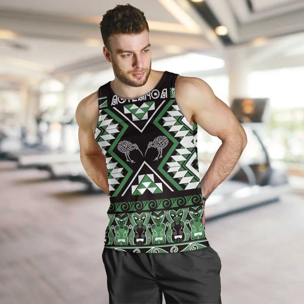 Personalised Taniko Motifs Aotearoa Men Tank Top Waitangi Kowhaiwhai Kiwi - Green