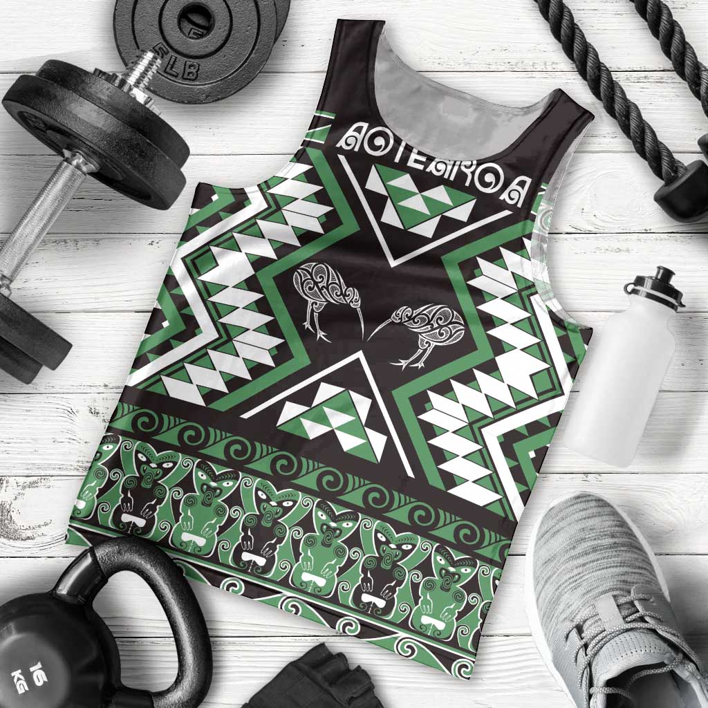 Personalised Taniko Motifs Aotearoa Men Tank Top Waitangi Kowhaiwhai Kiwi - Green LT7 - Polynesian Pride