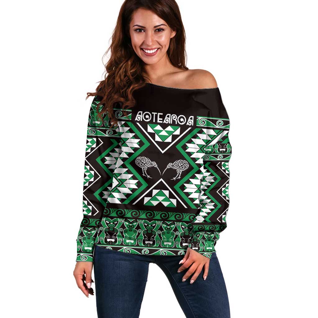 Personalised Taniko Motifs Aotearoa Off Shoulder Sweater Waitangi Kowhaiwhai Kiwi - Green