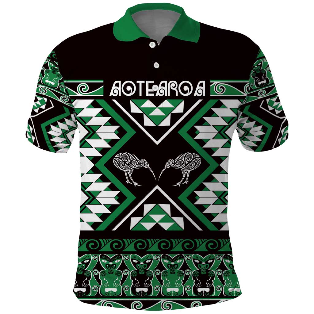 Personalised Taniko Motifs Aotearoa Polo Shirt Waitangi Kowhaiwhai Kiwi - Green