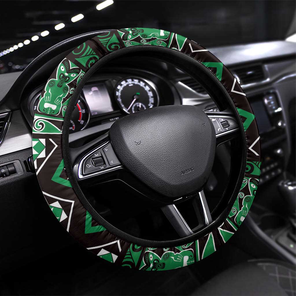 Taniko Motifs Aotearoa Steering Wheel Cover Waitangi Kowhaiwhai Kiwi - Green LT7 Universal Fit Green - Polynesian Pride