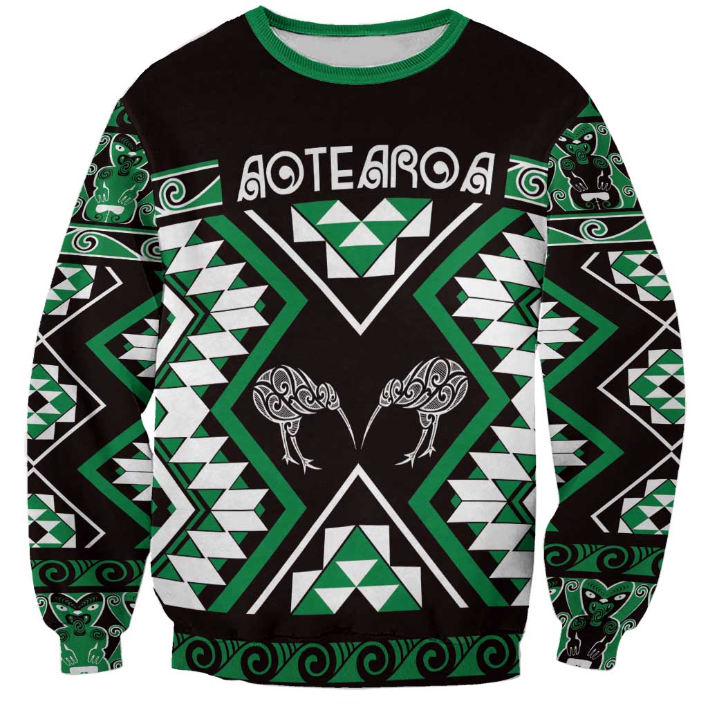 Personalised Taniko Motifs Aotearoa Sweatshirt Waitangi Kowhaiwhai Kiwi - Green LT7 Unisex Green - Polynesian Pride