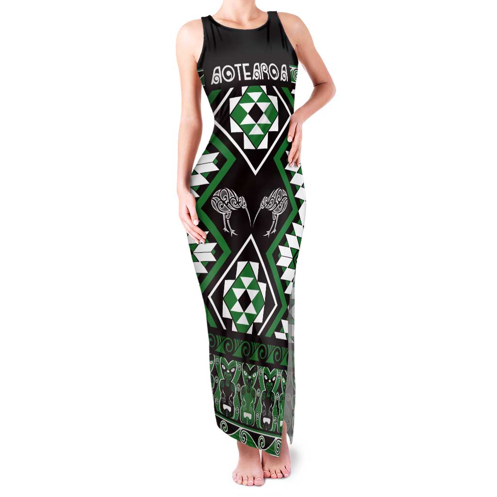 Personalised Taniko Motifs Aotearoa Tank Maxi Dress Waitangi Kowhaiwhai Kiwi - Green