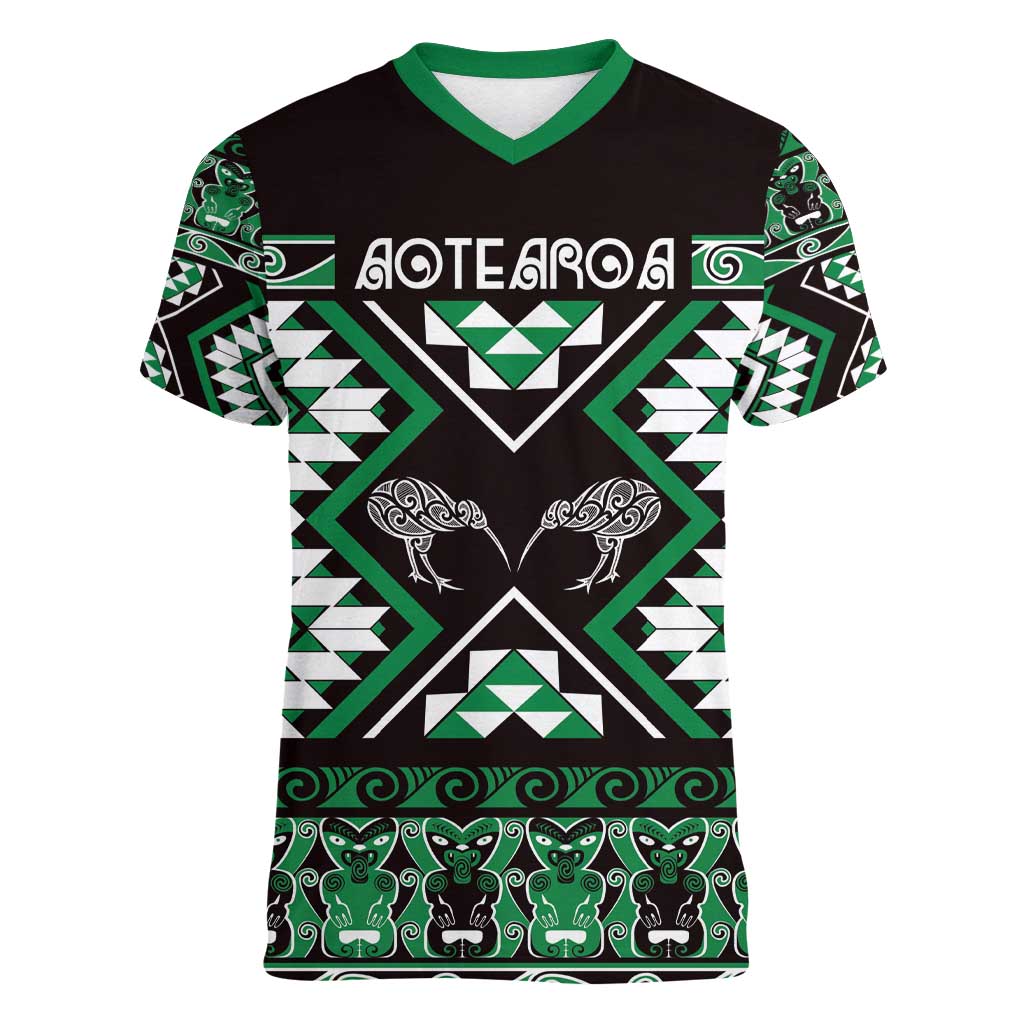 Personalised Taniko Motifs Aotearoa Women V-Neck T-Shirt Waitangi Kowhaiwhai Kiwi - Green