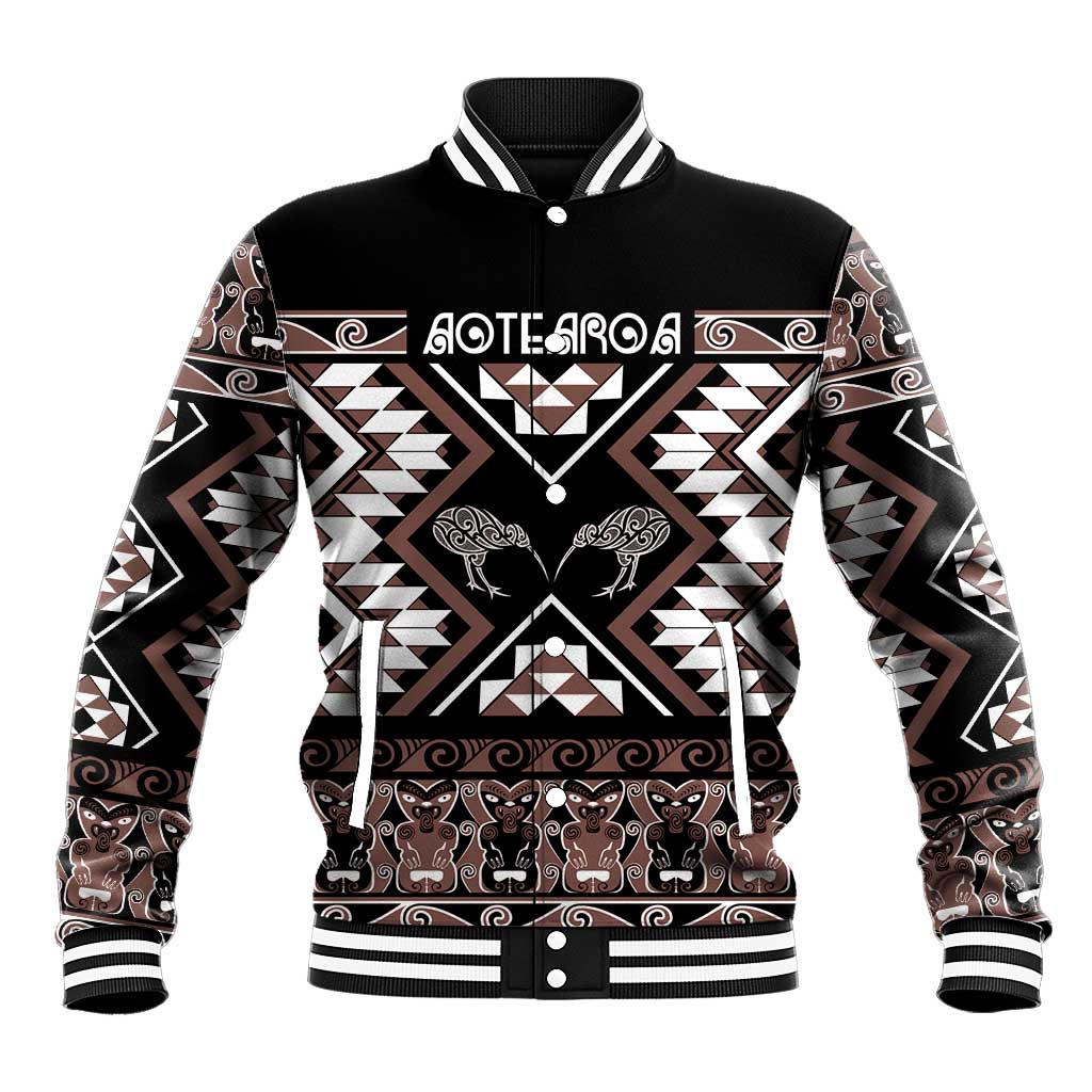 Personalised Taniko Motifs Aotearoa Baseball Jacket Waitangi Kowhaiwhai Kiwi - Mocha LT7 Unisex Mocha - Polynesian Pride