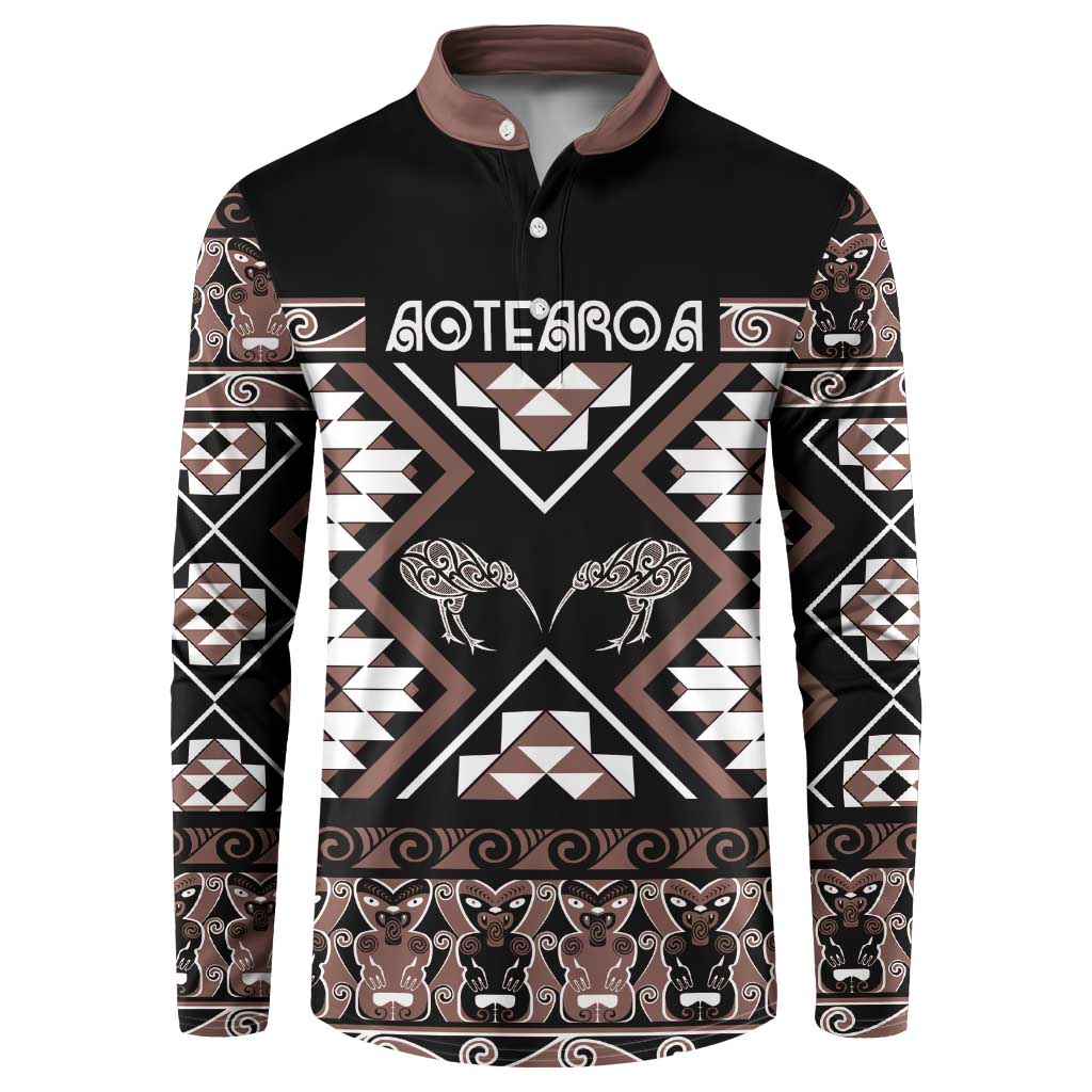 Personalised Taniko Motifs Aotearoa Button Sweatshirt Waitangi Kowhaiwhai Kiwi - Mocha LT7 Mocha - Polynesian Pride
