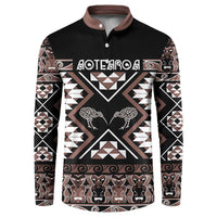 Personalised Taniko Motifs Aotearoa Button Sweatshirt Waitangi Kowhaiwhai Kiwi - Mocha LT7 Mocha - Polynesian Pride