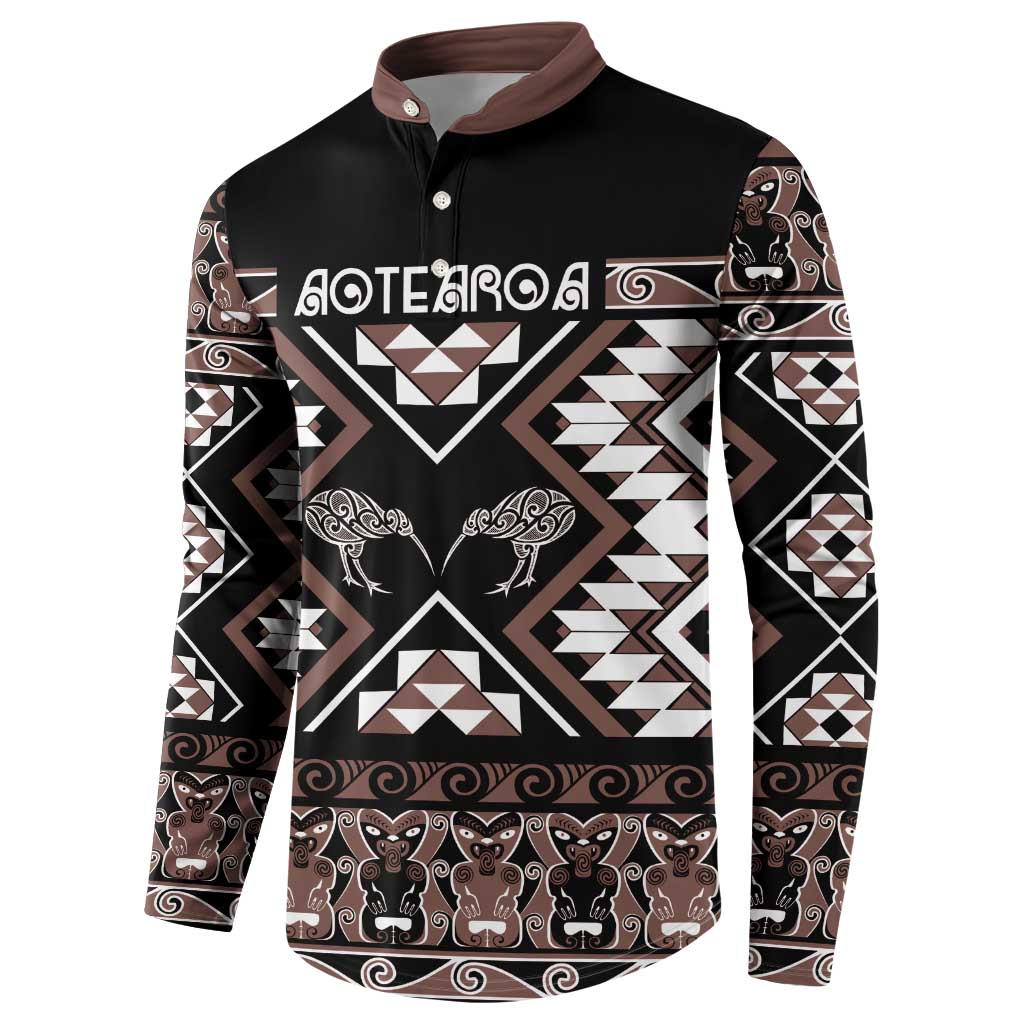 Personalised Taniko Motifs Aotearoa Button Sweatshirt Waitangi Kowhaiwhai Kiwi - Mocha LT7 - Polynesian Pride