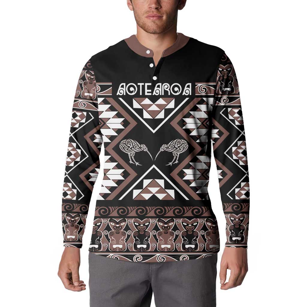 Personalised Taniko Motifs Aotearoa Button Sweatshirt Waitangi Kowhaiwhai Kiwi - Mocha LT7 - Polynesian Pride