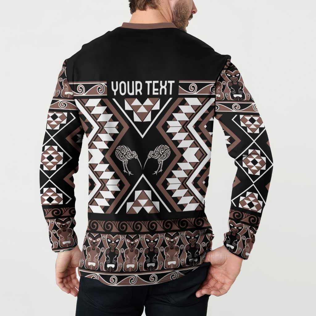 Personalised Taniko Motifs Aotearoa Button Sweatshirt Waitangi Kowhaiwhai Kiwi - Mocha LT7 - Polynesian Pride