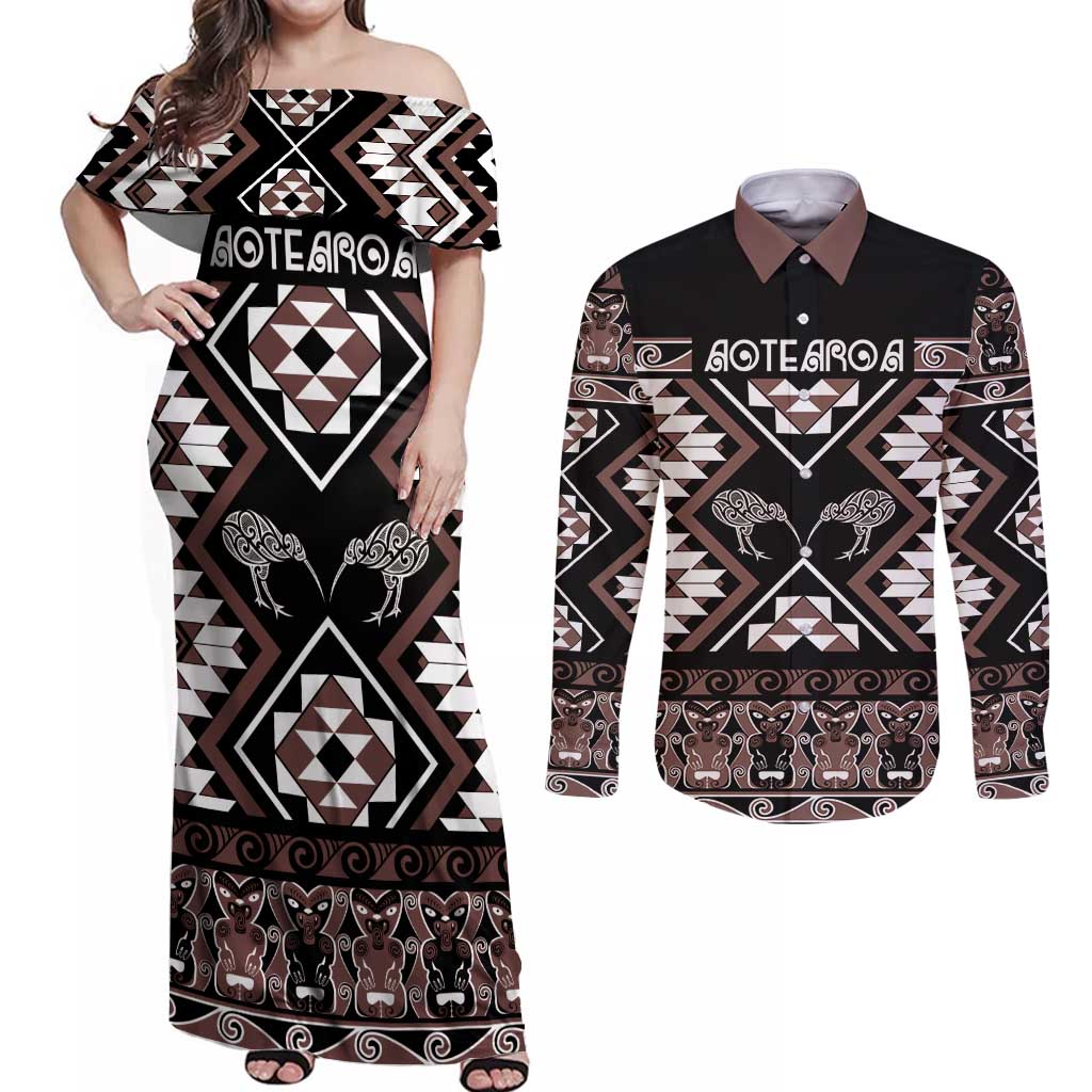 Personalised Taniko Motifs Aotearoa Couples Matching Off Shoulder Maxi Dress and Long Sleeve Button Shirt Waitangi Kowhaiwhai Kiwi - Mocha