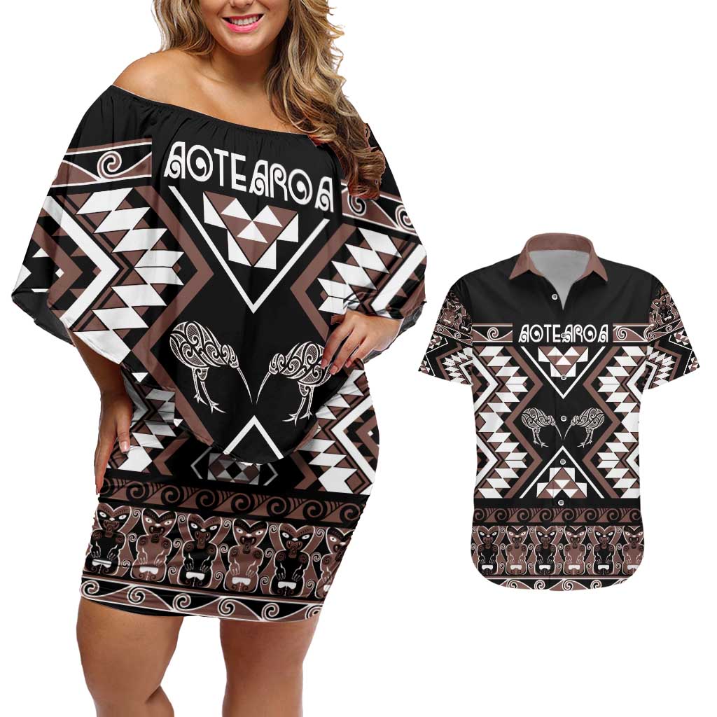 Personalised Taniko Motifs Aotearoa Couples Matching Off Shoulder Short Dress and Hawaiian Shirt Waitangi Kowhaiwhai Kiwi - Mocha