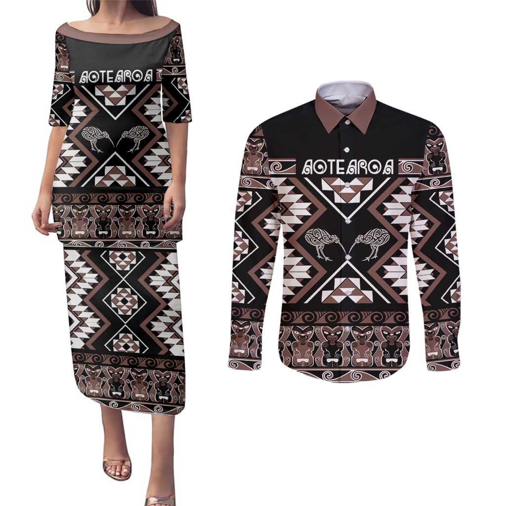 Personalised Taniko Motifs Aotearoa Couples Matching Puletasi and Long Sleeve Button Shirt Waitangi Kowhaiwhai Kiwi - Mocha