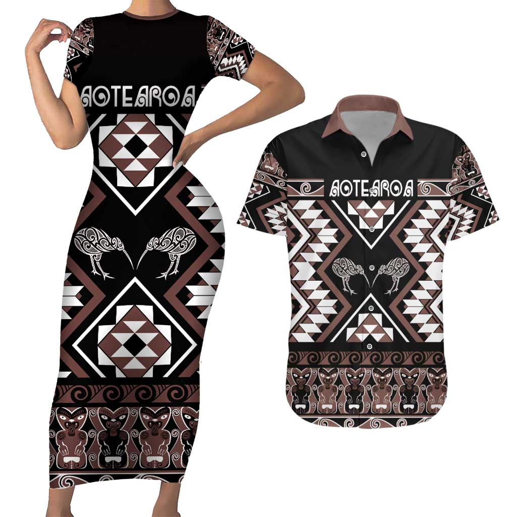 Personalised Taniko Motifs Aotearoa Couples Matching Short Sleeve Bodycon Dress and Hawaiian Shirt Waitangi Kowhaiwhai Kiwi - Mocha LT7 Mocha - Polynesian Pride