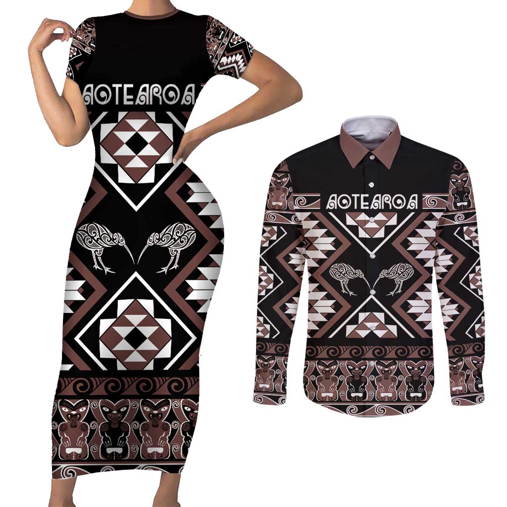 Personalised Taniko Motifs Aotearoa Couples Matching Short Sleeve Bodycon Dress and Long Sleeve Button Shirt Waitangi Kowhaiwhai Kiwi - Mocha LT7 Mocha - Polynesian Pride