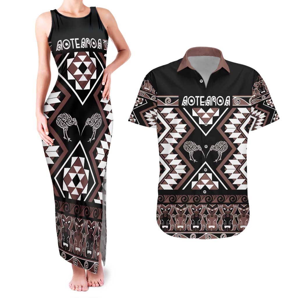 Personalised Taniko Motifs Aotearoa Couples Matching Tank Maxi Dress and Hawaiian Shirt Waitangi Kowhaiwhai Kiwi - Mocha