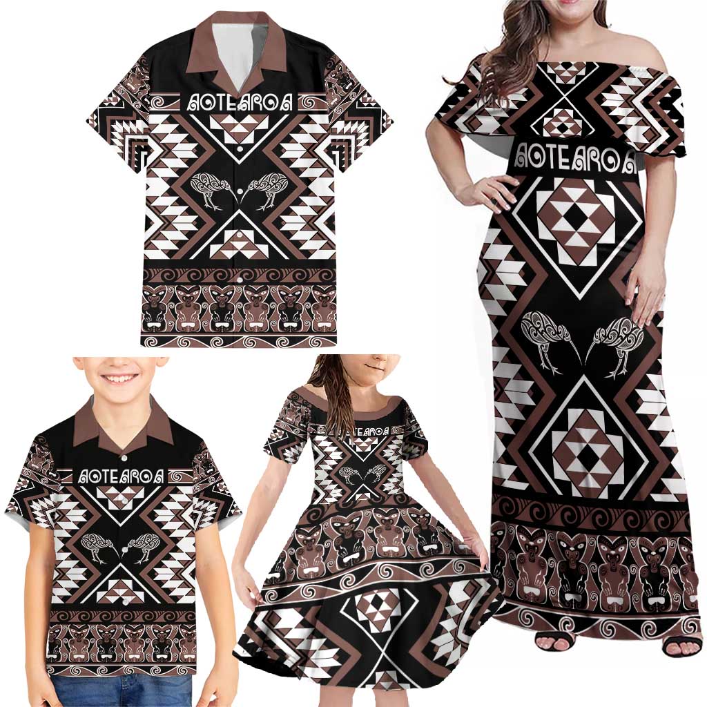 Personalised Taniko Motifs Aotearoa Family Matching Off Shoulder Maxi Dress and Hawaiian Shirt Waitangi Kowhaiwhai Kiwi - Mocha