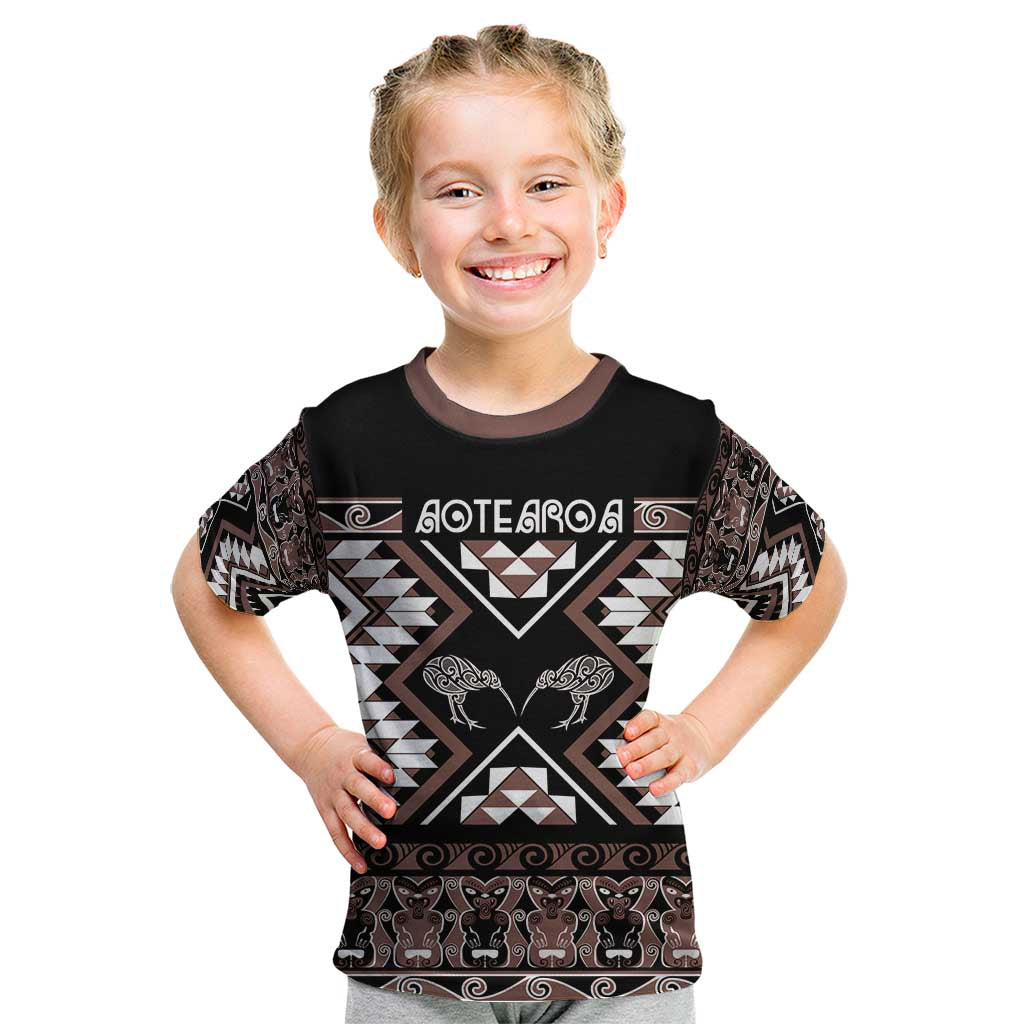 Personalised Taniko Motifs Aotearoa Kid T Shirt Waitangi Kowhaiwhai Kiwi - Mocha