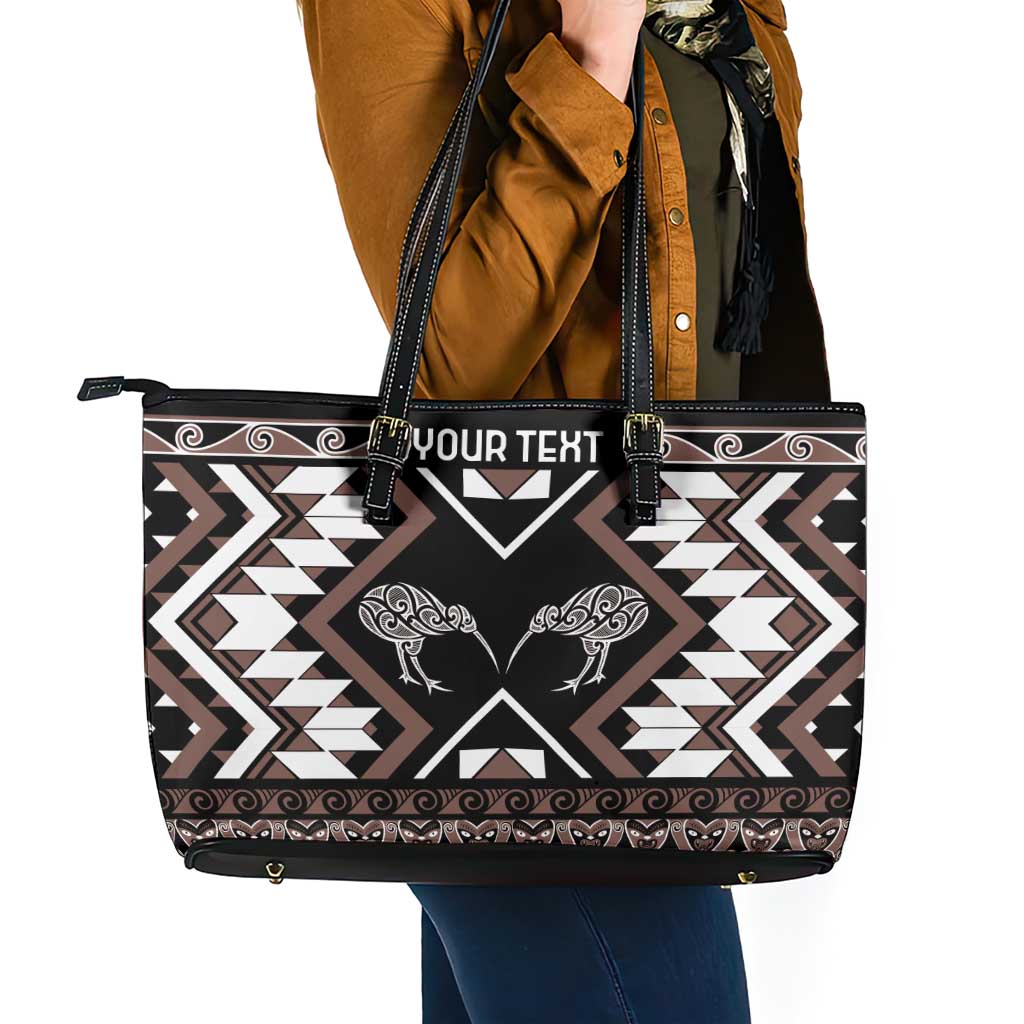 Personalised Taniko Motifs Aotearoa Leather Tote Bag Waitangi Kowhaiwhai Kiwi - Mocha LT7 - Polynesian Pride