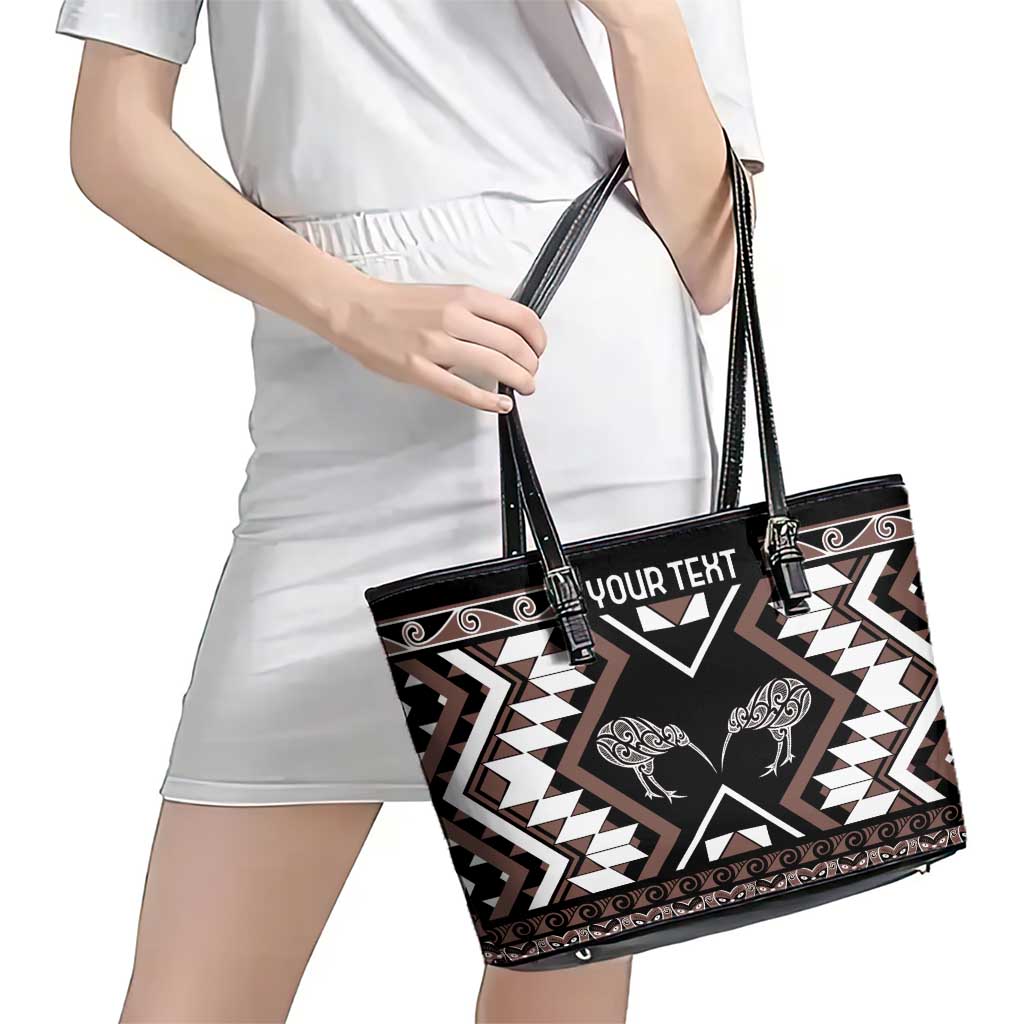 Personalised Taniko Motifs Aotearoa Leather Tote Bag Waitangi Kowhaiwhai Kiwi - Mocha LT7 - Polynesian Pride