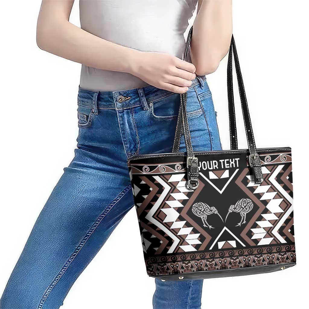 Personalised Taniko Motifs Aotearoa Leather Tote Bag Waitangi Kowhaiwhai Kiwi - Mocha LT7 - Polynesian Pride